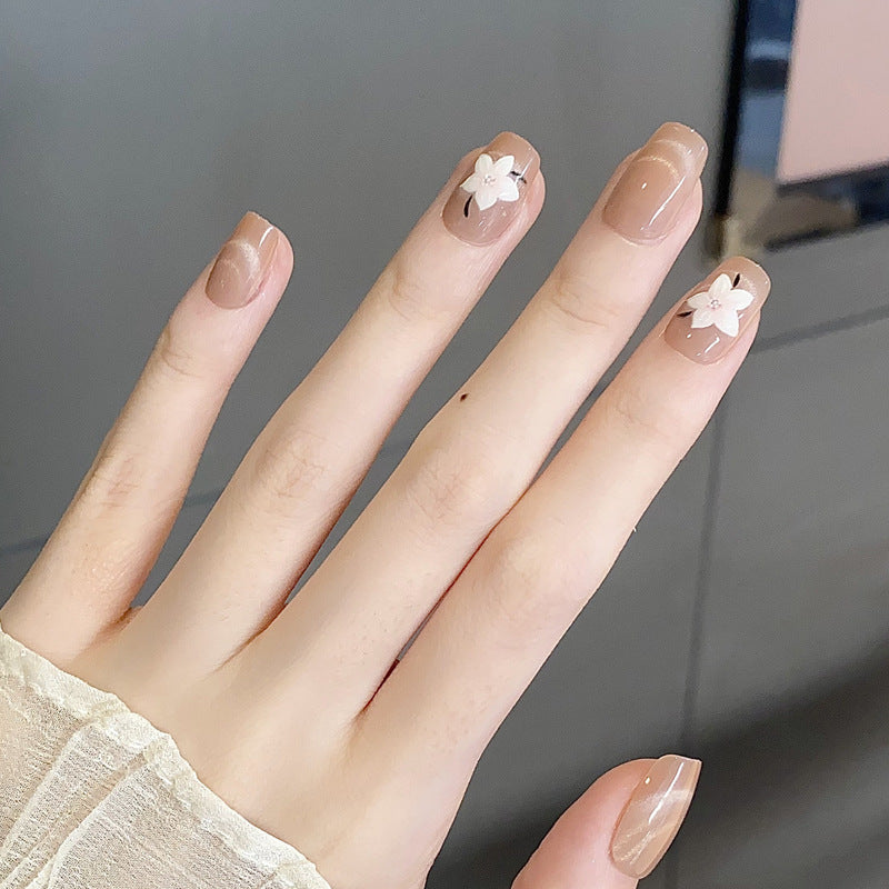 Blossoming Elegance Short Square Natural Beige with Floral Accent Press On Nail Set