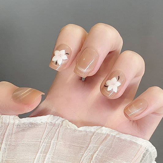 Blossom Serenity Elegant Short Square Beige Nails with Floral Accents