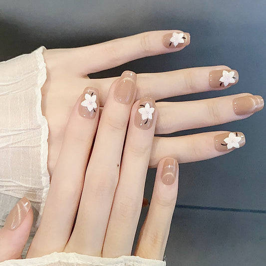 Blossom Serenity Elegant Short Square Beige Floral Press-On Nail Set