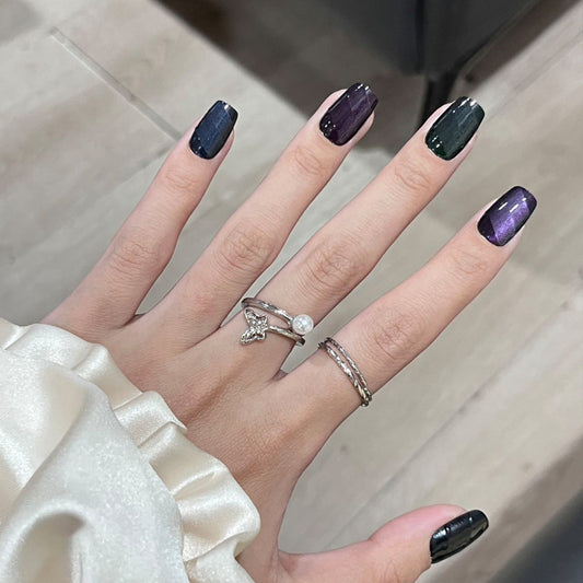 Mystical Twilight Medium Square Gradient Press On Nail Set in Deep Green and Rich Purple with Shimmering Finish