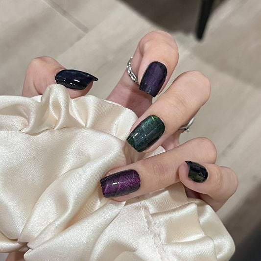 Mystical Night Radiant Medium Square Glossy Purple Black and Green Iridescent Press On Nail Set