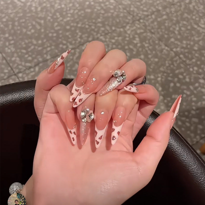 Charming Romance Long Stiletto Pink and White Heart Accented Press-On Nail Set