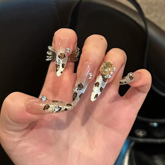 Wild Leopard Chic Long Almond Press On Nails in Clear with Glitter and Gemstone Accents