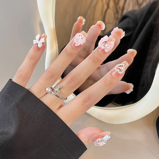 Kawaii Dreamy Press On Nail Set Medium Coffin Pastel Pink Accented With Charming Floral And Gem Designs