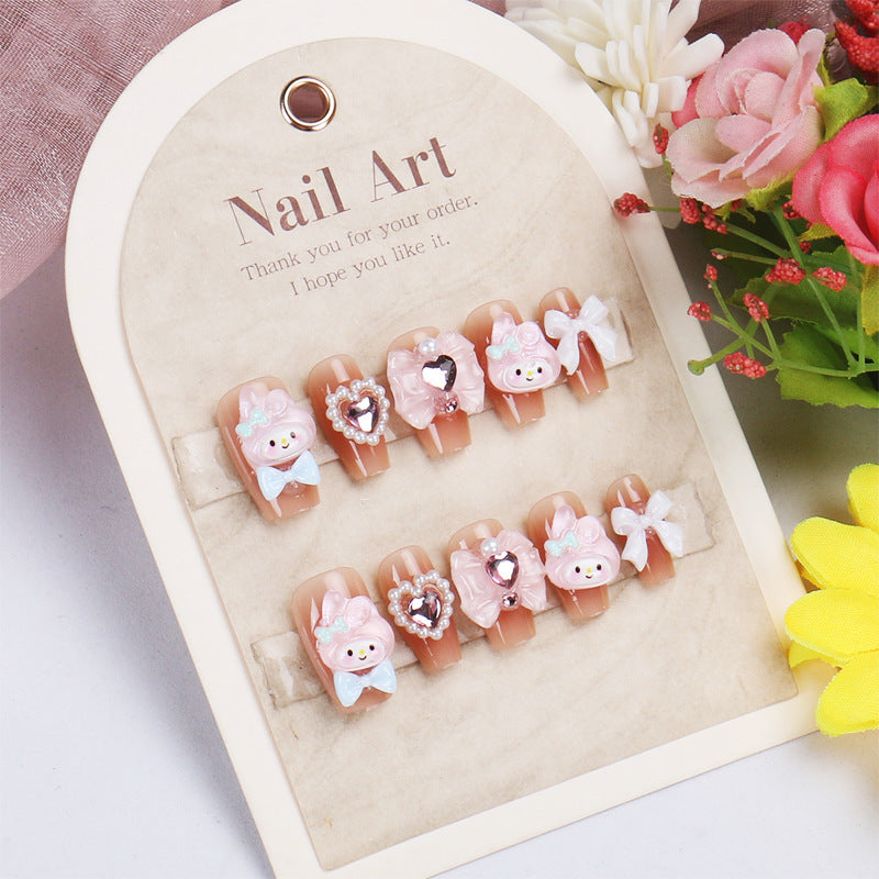 Sweet Pastel Delight Medium Coffin Pink Nail Set With Cute Bow And Heart Embellishments