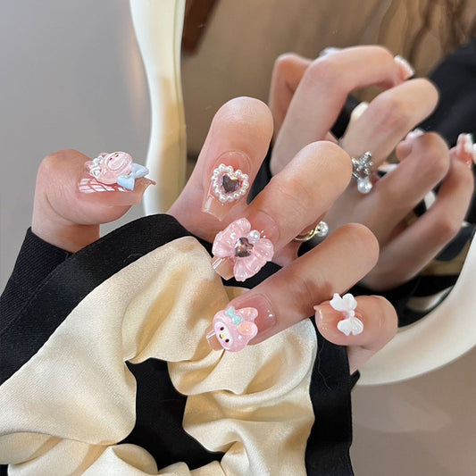 Charming Whimsical Pink Medium Coffin Press On Nail Set With Cute Floral And Heart Charms