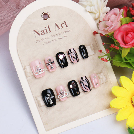 Glamorous Night Vibes Short Square Press-On Nail Set in Elegant Black and Pink with Intricate Jewel and Charm Accents