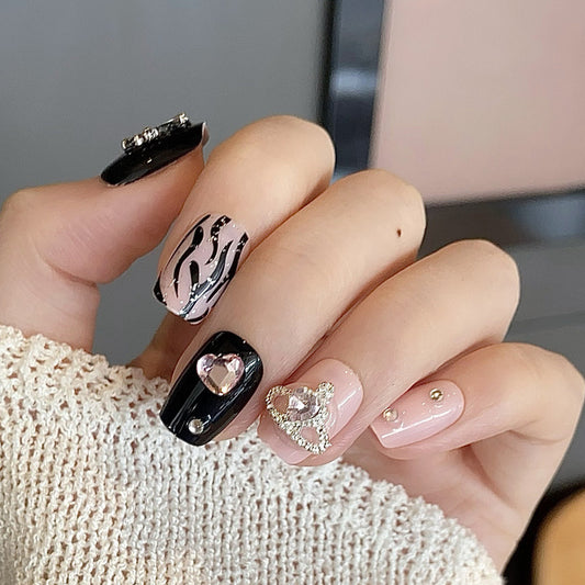 Glamorous Heartthrob Short Square Black and Pink with Sparkling Accents Press on Nail Set