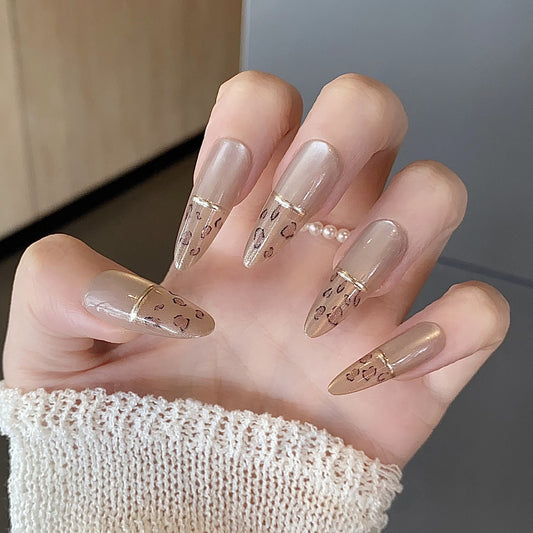 Elegant Leopard Inspiration Long Almond Beige with Gold Tips and Animal Print Design Press-On Nail Set