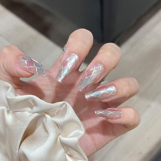 Elegant Diamond Dream Long Coffin Clear Nail Set with Shimmering Argyle Design
