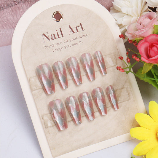 Whimsical Gemstone Dream Long Coffin Pink and Silver Glossy Press On Nail Set with Stunning Diamond Pattern Design