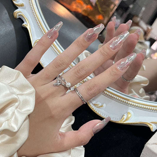 Elegant Crystal Dreams Long Coffin Transparent Nails with Diamond Pattern Design