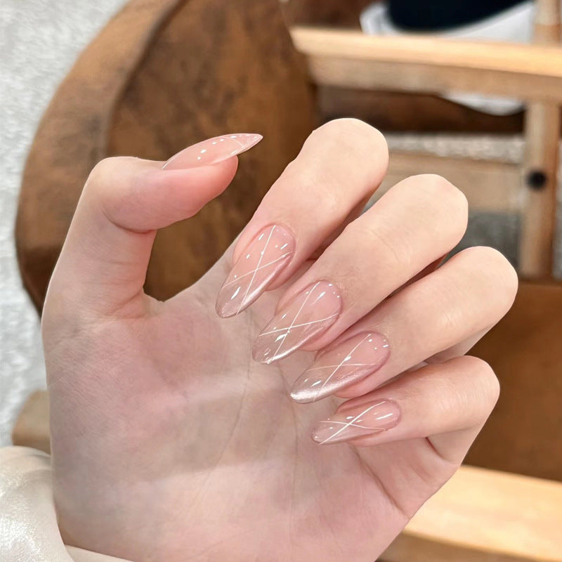 Enchanted Elegance Medium Almond Pink Ombre Nails with Delicate Diagonal Lines