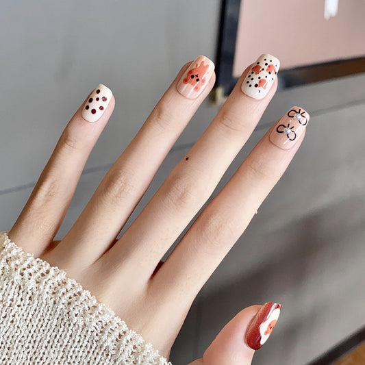 Whimsical Autumn Press Nail Set Short Square Peach with Artistic Dot and Brush Stroke Design