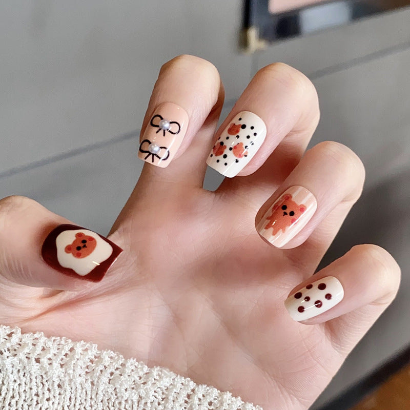 Whimsical Forest Inspired Medium Square Shape Soft Beige with Adorable Bear and Pearl Accents Press On Nail Set