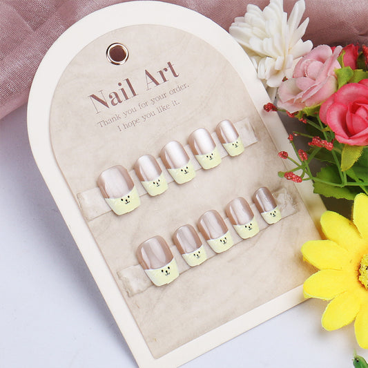 Whimsical Bear Theme Short Square Almond Beige and Yellow Cute Character Press-On Nail Set