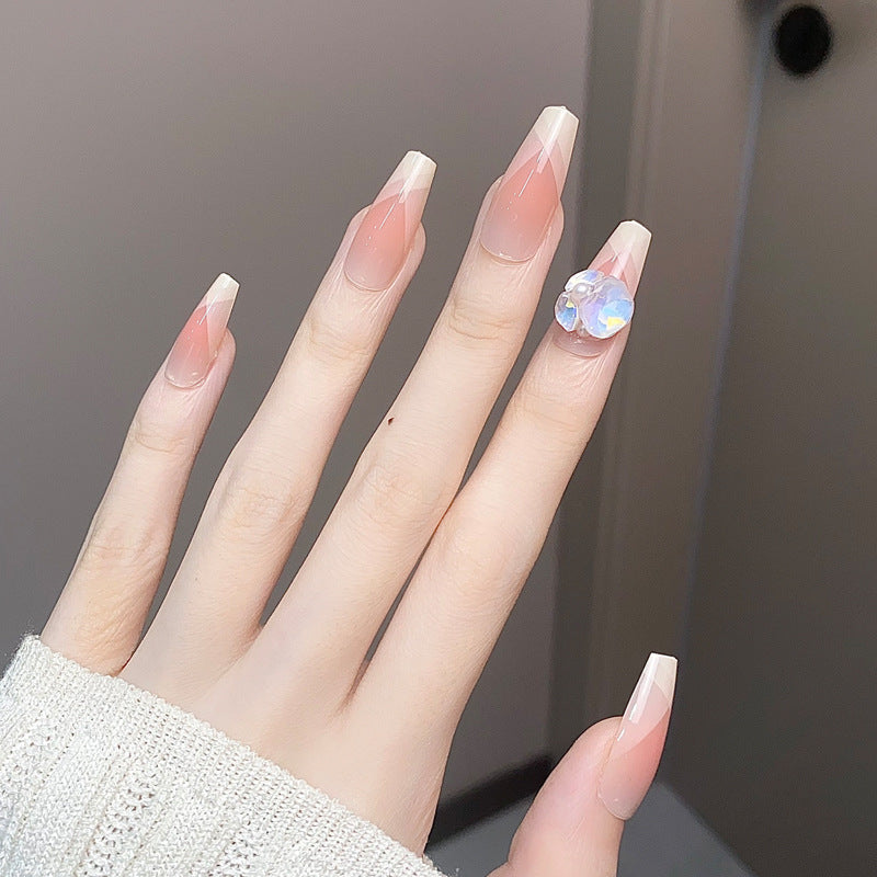 Chic Elegance Long Coffin Ombre Pink Nail Set with Sparkling Gem Accent