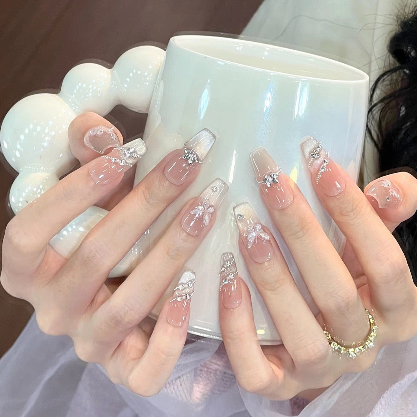 Enchanted Elegance Long Coffin Milky Beige with Delicate Floral Sparkles Press-On Nail Set