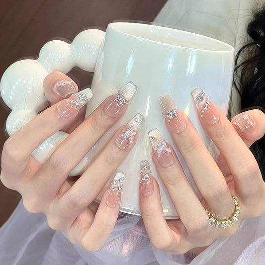 Enchanted Elegance Long Coffin Milky Beige with Delicate Floral Sparkles Press-On Nail Set