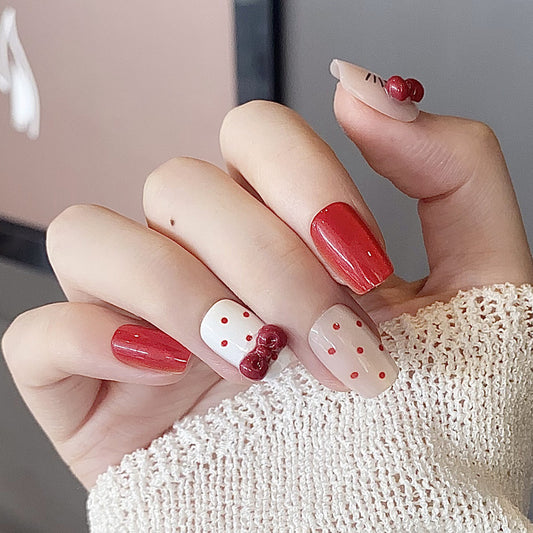 Cherry Blossom Delight Short Square Red and White Nail Set with Charming Cherry Accent