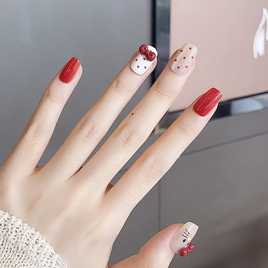 Whimsical Cherry Blossom Short Square Red And Cream Press On Nail Set With Cute Bow Accents