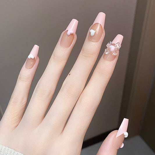 Charming Blossom Long Coffin Pink Press on Nail Set with Heart and Floral Accents
