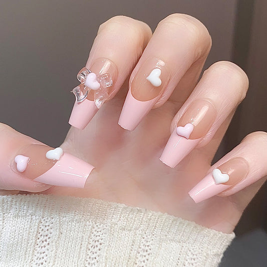 Charming Heart Theme Long Coffin Style Soft Pink Press On Nail Set with Adorable Heart Accents