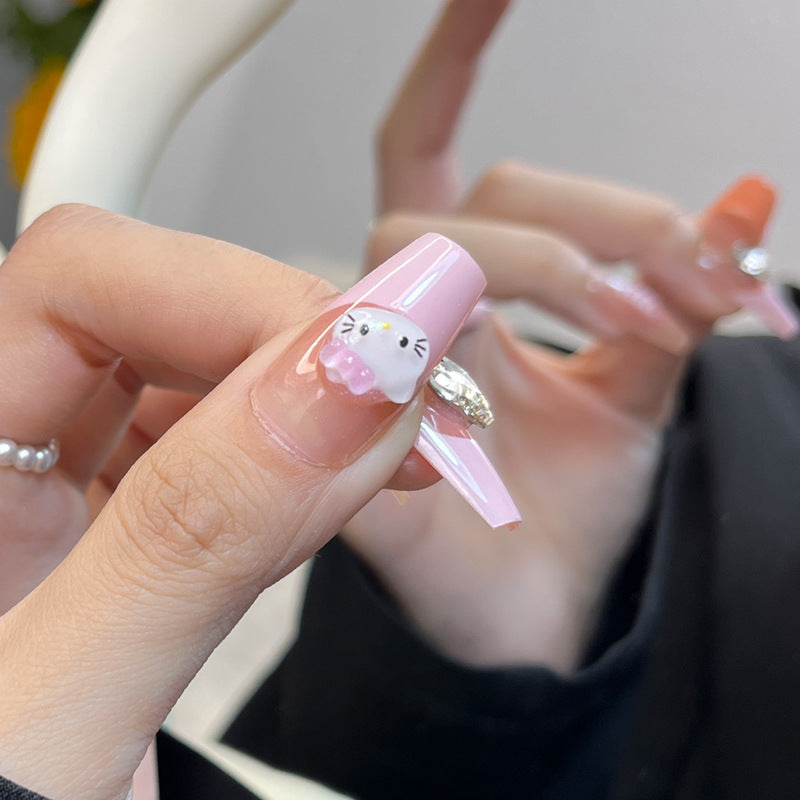 Whimsical Delight Long Coffin Pink Press On Nails With Adorable Cat Face Design