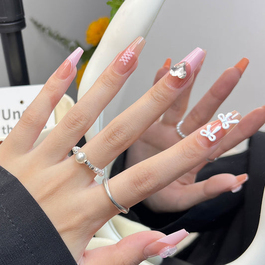 Charming Elegance Long Coffin Gradient Pink Press On Nail Set with Heart and Lace Design