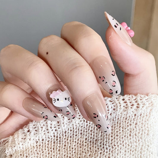 Charming Cat Theme Long Almond Beige With Cute Kitty Face And Playful Paw Prints Press On Nail Set