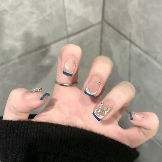 Charming Ocean Breeze Medium Square Transparent with Blue Tips and Glitter Butterfly Accent Press On Nail Set