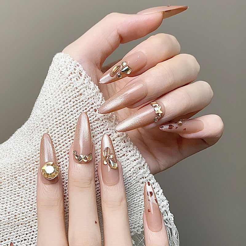 Elegant Rose Gold Almond Long Shiny Beige Nail Set with Glittering Gem Accents