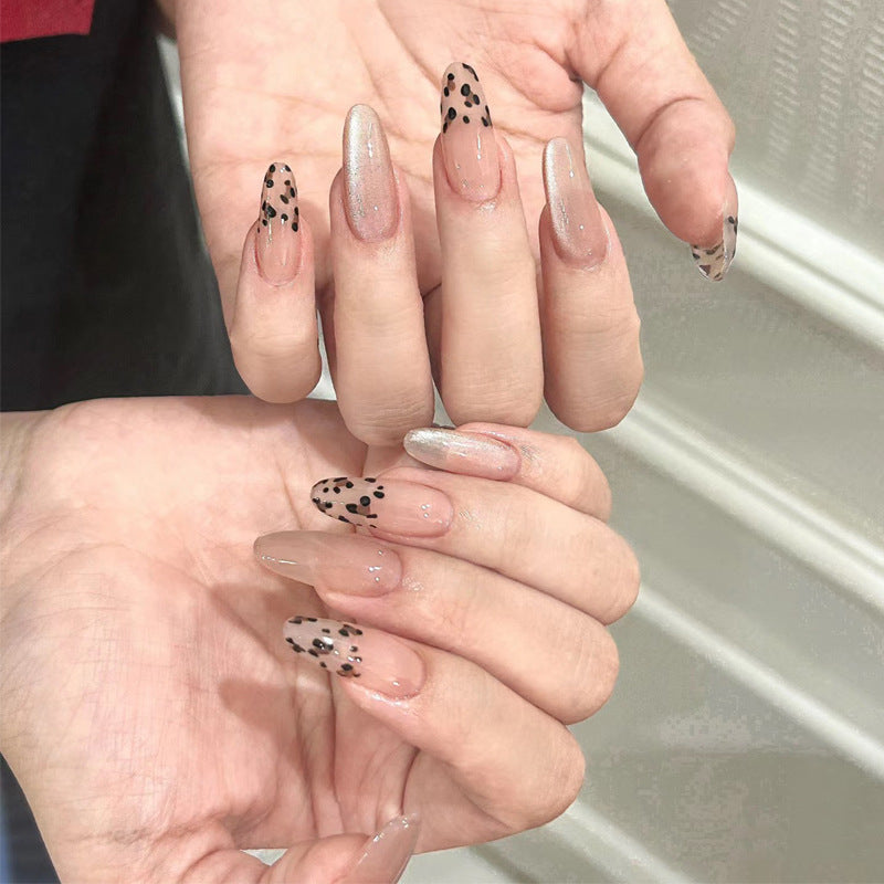 Chic Wild Style Long Oval Transparent with Black Spots and Shimmering Tips Press-On Nail Set