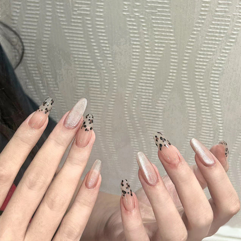 Chic Leopard Dream Long Oval Shaped Glittery Beige Press On Nail Set with Unique Black Tip Design