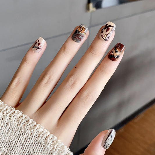 Spooky Vibes Short Square Beige Brown and Gray Nail Set with Unique Halloween-Themed Designs