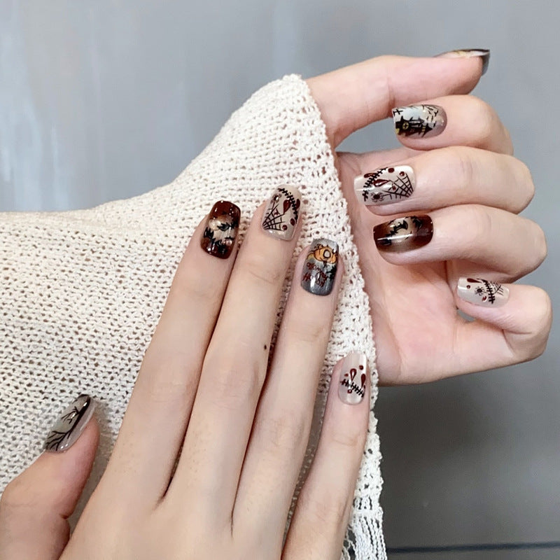 Vintage Carnival Themed Medium Square Burgundy and Brown Press On Nail Set with Intricate Artistic Designs