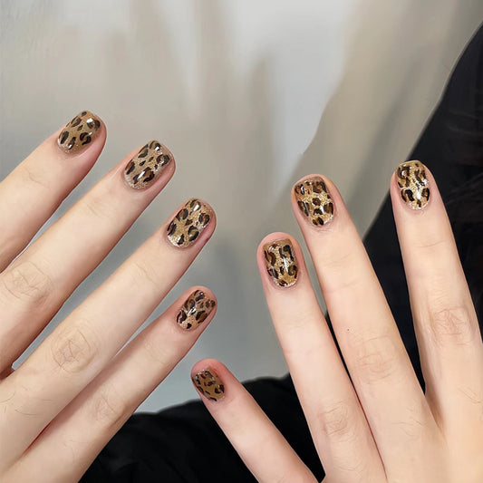 Wild Safari Inspired Short Square Brown Leopard Print Press On Nail Set with Glossy Finish