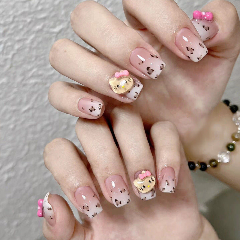 Whimsical Kitty Theme Short Square Pink Ombre With Adorable Cat And Bow Accent Press On Nail Set