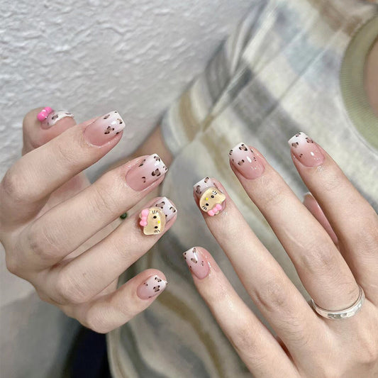 Whimsical Charm Short Square Pink And White Gradient With Cute Animal Accent Press On Nail Set