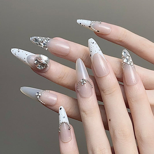 Enchanted Elegance Long Stiletto White and Clear Press-On Nails with Stunning Gem Accents
