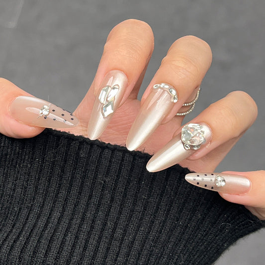 Elegant Glamour Long Almond Length Transparent Color with Sparkling Rhinestone Accents Press On Nail Set