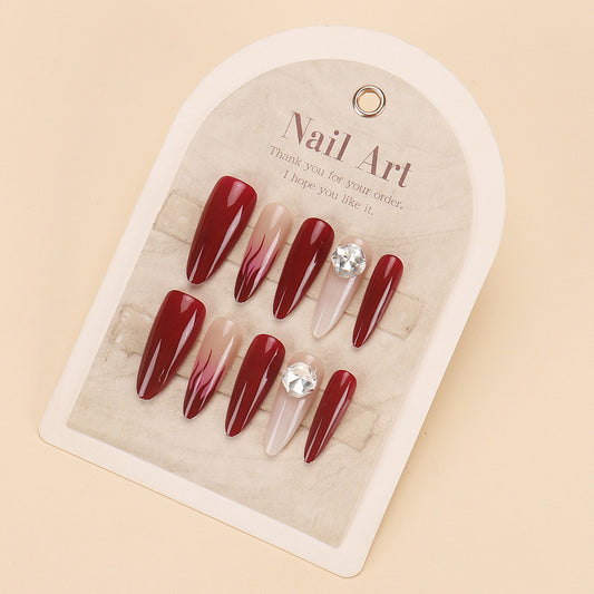 Garnet Glamour Long Almond Burgundy Press on Nail Set with Sparkling Gemstone Accent