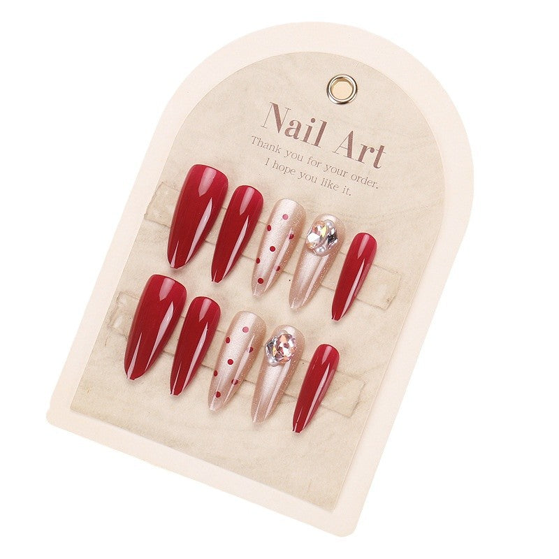 Glamorous Elegance Long Almond Red and Beige Press-On Nail Set with Sparkling Rhinestone Accent