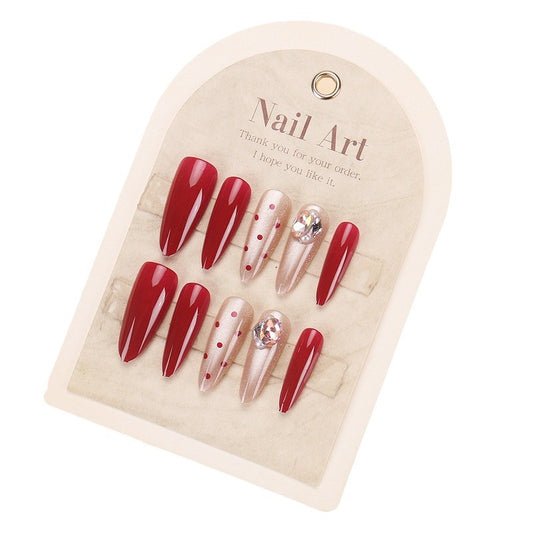 Glamorous Elegance Long Almond Red and Beige Press-On Nail Set with Sparkling Rhinestone Accent