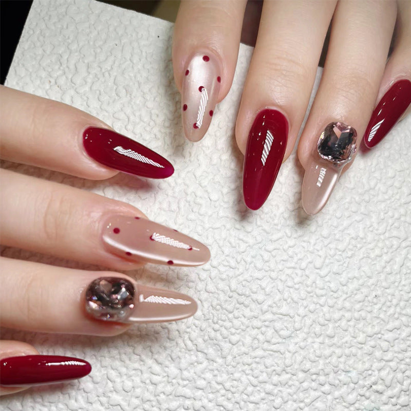 Glamorous Elegance Medium Almond Red and Beige Press On Nail Set with Sparkling Gemstone Accent