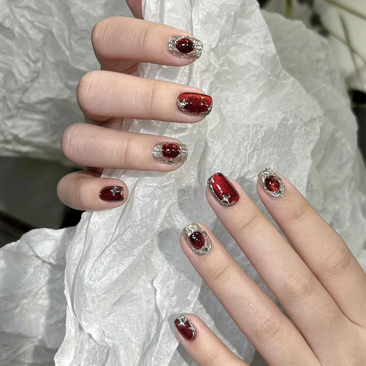 Glamorous Winter Wonderland Short Square Shaped Burgundy with Glittering Silver Accents Press on Nail Set