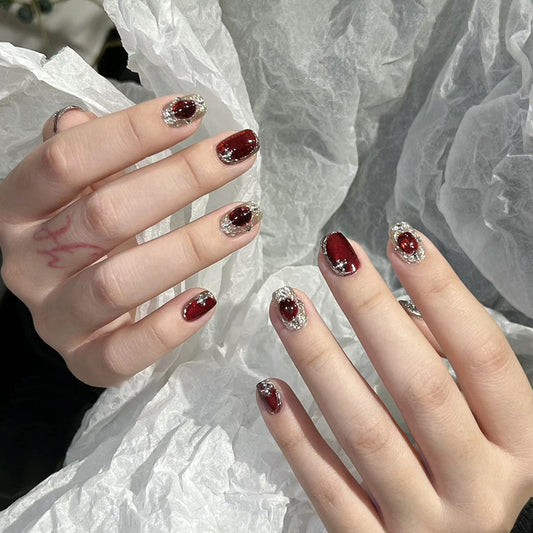 Glamorous Elegance Short Square Burgundy Nails with Glittering Silver Tips