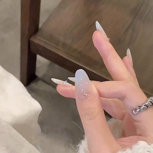 Enchanted Elegance Medium Almond Gradient Blue Press On Nail Set with Dazzling Glitter Accents