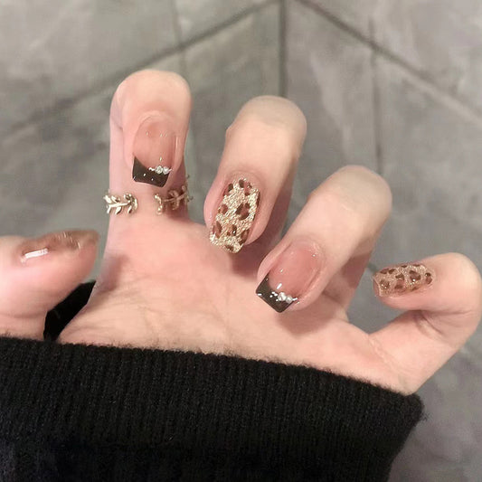 Sleek Safari Inspired Short Square False Nail Set in Brown with Elegant Gold Lace and Sparkling Accents