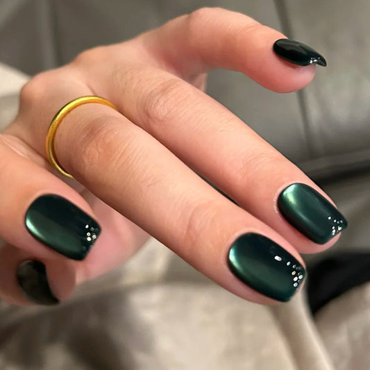 Enchanting Emerald Elegance Short Square Press on Nails in Deep Green with Iridescent Shine